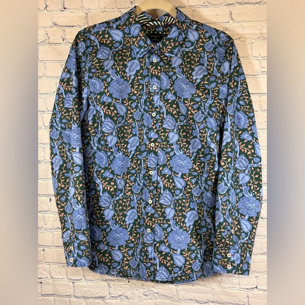 Talbots Modern Classic Green Blue Leafy Floral Preppy Coastal Button Shirt L